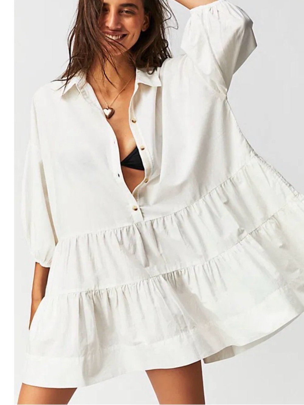 Free People Misha Mini Shirt Dress Popover Tunic Tiered Oversized white Size S